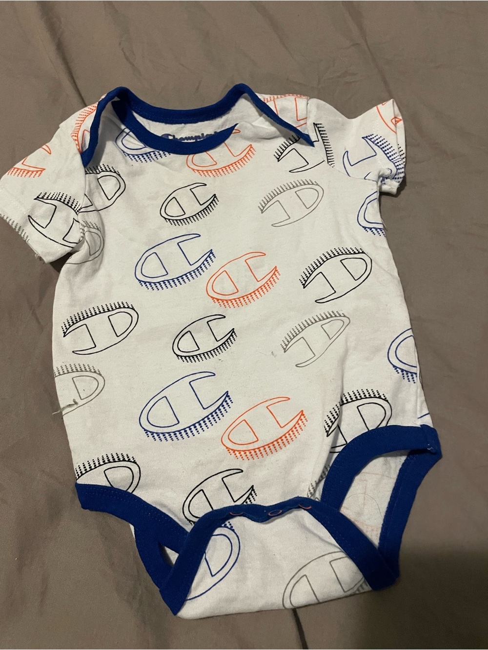 5/$20 champion White Baby One-Piece Bodysuit with Blue Trim